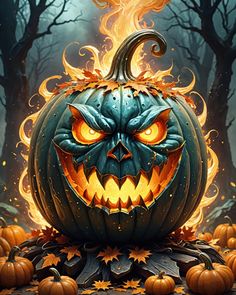 a pumpkin with an evil face on it and flames coming out of its mouth in the background