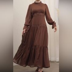 Brand New. Size Large Chic Spring Georgette Maxi Dress, Flowy Chiffon Dress With Sheer Sleeves, Fall Party Maxi Length Chiffon Dress, Long Sleeve Chiffon Dress For Casual Wear, Long Sleeve Chiffon Dress For Casual Occasions, Modest Chiffon Midi Dress, Modest Long Chiffon Dress, Modest Midi Length Chiffon Dress, Chiffon Midi Dress For Formal Fall Events