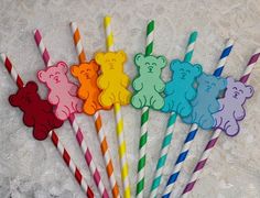 Fun colored paper party straws with multi-layered hand-crafted gummy bears. Care Bear Party, 7 Birthday, Party Straws