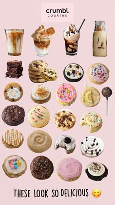 there are many different types of doughnuts on this pink background with the words, these look so delicious