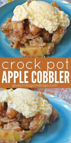 crock pot apple cobbler on a blue plate with the words crock pot