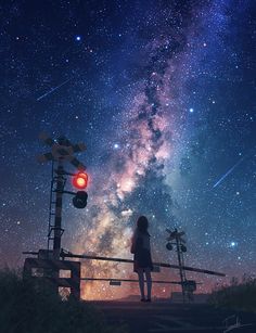 a woman looking up at the night sky with stars and milky in the back ground