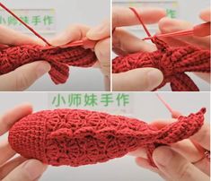 three pictures showing how to crochet the ends of a knitted fish ornament