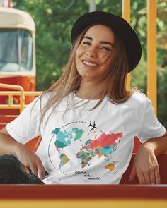 "World Map Shirt, Adventure Shirt, Geography Shirt, Wanderlust Shirt, Vacation Shirt, Unisex shirt, Travel Shirt, Travel Gift, Adventure Tee ▸ H O W  T O  O R D E R ◂ 1. Please, Check and Review all Photos. 2. Select Your T-Shirt Size and T-Shirt Color from the drop-down menus.* 3. Choose Your Quantity as much as you want. 4. Click ADD TO CART. You can go back to add more product colors for your family members anytime you want, or you can complete the checkout process. 5. Please click the \"Proc White Graphic Print T-shirt For Travel, Graphic Tee With Crew Neck For Travel, White Cotton Top For Travel, Graphic Print Short Sleeve T-shirt For Travel, White Letter Print Top For Travel, Short Sleeve Tops With Letter Print For Travel, Cotton Short Sleeve T-shirt For Travel, White Crew Neck T-shirt For Travel, Casual Graphic Print Travel Shirt