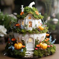 a small white house with lots of plants and pumpkins on the roof is sitting on a table