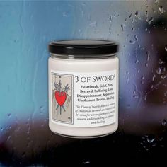 Navigate through the journey of healing with the Three of Swords Tarot Card Candle. This 9oz soy candle, available in scented or unscented options, symbolizes heartbreak, grief, pain, and betrayal. It is designed to assist in the process of emotional healing and clearing, making it a supportive companion for those navigating difficult times and seeking to release and heal from past wounds. Gift this candle to: Someone going through a period of heartbreak, grief, or emotional pain A friend or loved one who is working on healing and overcoming past betrayals Anyone involved in shadow work, emotional clearing, or personal growth A person who practices tarot or uses candles for spellwork focused on healing Someone who could use a compassionate and symbolic tool for their healing journey Ideal Tarot Three Of Swords, Three Of Swords Tarot, Three Of Swords, Emotional Recovery, Swords Tarot, Spell Candle, Difficult Times, Candle Spells, Shadow Work