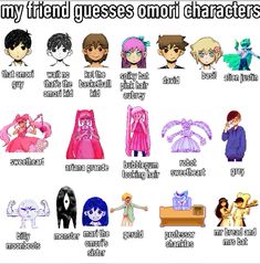 an anime character's names and their meaningss are shown in this cartoon style