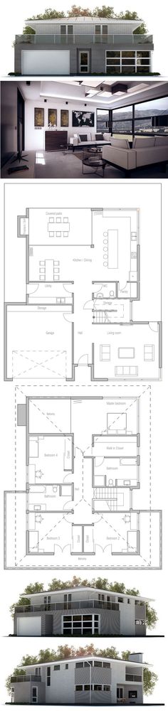 three different views of the same building, each with its own floor plan and elevation details