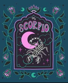 the scorpio zodiac sign with flowers and leaves around it, on a blue background