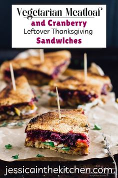 vegetarian meatloaf and cranberry leftover thanksgiving sandwiches with text overlay