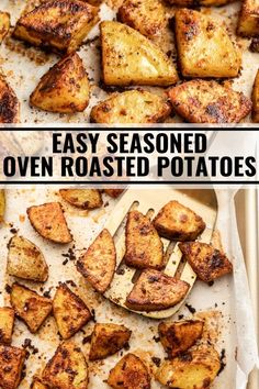 oven roasted potatoes with text overlay that says easy seasoned oven roasted potatoes