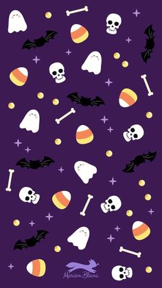 halloween themed wallpaper with skulls, bats and pumpkins on purple background for kids'room