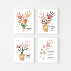 four cards with flowers and hand prints on them