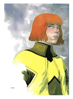 a drawing of a woman with red hair wearing a yellow and black outfit, standing in front of a cloudy sky