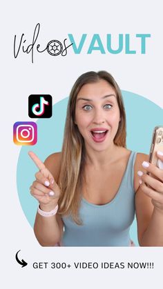 a woman holding up her cell phone and pointing to the camera with an instagram button