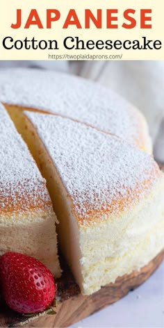 japanese cotton cheesecake on a wooden cutting board with strawberries