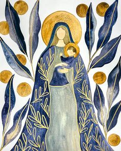 a painting of the virgin mary and child jesus surrounded by golden leaves on a white background