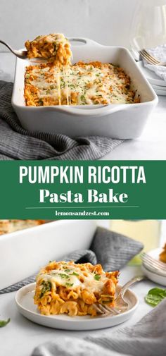 pumpkin ricotta pasta bake in a white casserole dish