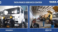 three different pictures of trucks in a garage with the words tata passo service center