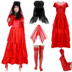 a woman in a red dress with long black hair and stockings is standing next to a doll