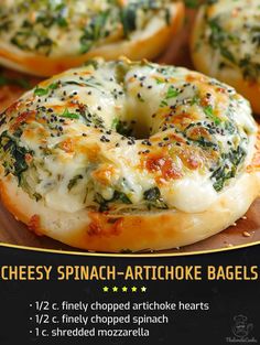 an advertisement for cheese spinach artich - artichoke bagels on a cutting board