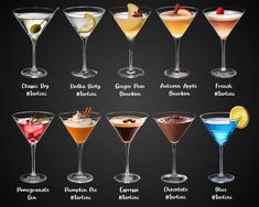 the different types of cocktails are shown in this image, and each has an individual name