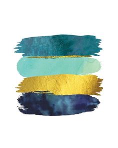 three different shades of blue, green and gold paint on white paper with the same color