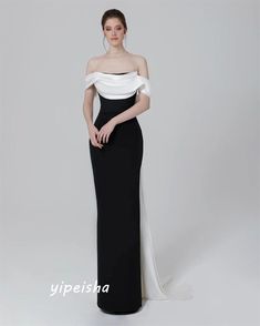 Simple High Quality Off-the-shoulder Sheath Formal Ocassion Gown Draped Sweep/Brush Skirts Charmeuse Elegant Dresses Evening Classy, Black And White Gown Elegant Classy, Black And White Gown Elegant, Black And White Dress Classy Elegant, Black Gown Elegant Classy, Black And White Dress Classy, High End Designer Fashion, Robes Glamour, Satin Dress Long