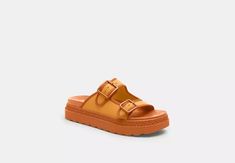 COACH® Outlet | Lainey Sandal Coach Brown Leather Sandals, Coach Leather Slip-on Sandals, Coach Flat Synthetic Sandals, Coach Slip-on Sandals With Textured Footbed, Yellow Leather Slip-on Sandals, Coach Outlet, 40th Gifts, Belt Bag, Outlet