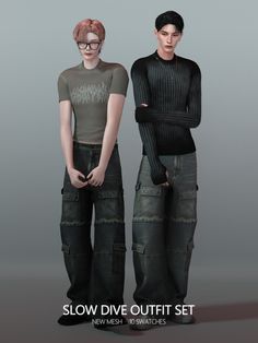 two people standing next to each other wearing black jeans and grey shirts with text slow dive outfit set