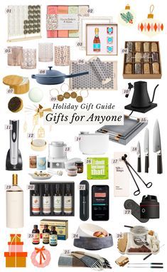 the holiday gift guide for anyone is displayed in this image, including gifts and other items