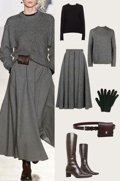 Grey Midi Skirt Outfit Winter, Midi Grey Skirt Outfit, Styling A Midi Skirt In Winter, Grey Outfit Combination, Autumn Midi Skirt Outfit, Midi Skirt Boots Outfit, Long Gray Skirt Outfit, Grey Skirt Outfit Winter, Grey Midi Skirt Outfit