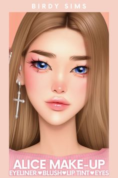 a girl with blue eyes and cross earrings on her head is featured in an ad for birdy sims