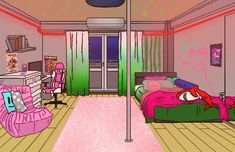 a cartoon bedroom with pink and green decor