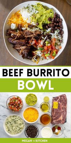 beef burrito bowl with ingredients in bowls on the side and text overlay that reads beef burrito bowl