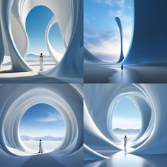 three different views of a man standing in the middle of an ice - like landscape