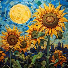 a painting of sunflowers in front of a blue sky and cityscape