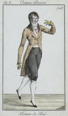 Men's ball wear, 1800. Black satin knee breeches and stockings. // My idea is to hang zombified versions of prints like this on the walls for party decor. Frock Coat, Regency Era