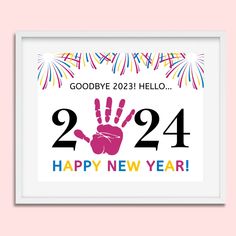 a happy new year card with the number twenty and handprinted numbers on it