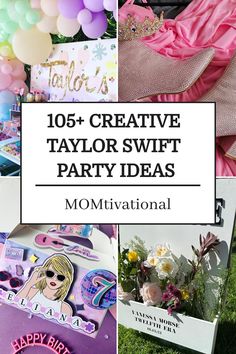 a collage of photos with balloons, flowers and other items in it that says,'105 + creative taylor swift party ideas '