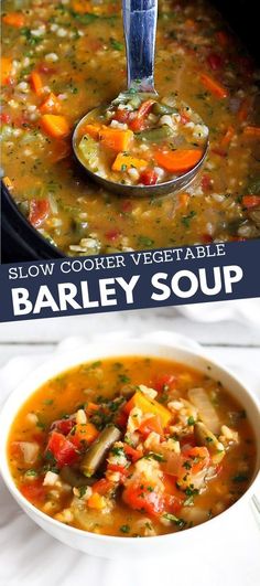 2-photo collage. Ladle scooping vegetable barley soup out of slow cooker. Soup in a white bowl. Crock Pot Vegan, Barley Soup Recipe, Vegetable Barley Soup, Soup Slow Cooker, Summer Crockpot, Vegan Crockpot Recipes, Vegetarian Slow Cooker Recipes, Vegan Crockpot