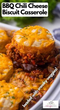 the cover of bbq chili cheese biscuit casserole is shown on a plate