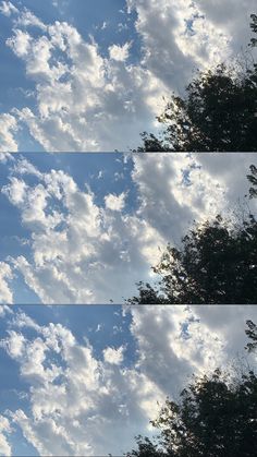 the sky is full of clouds and trees in four different pictures, each with three different frames