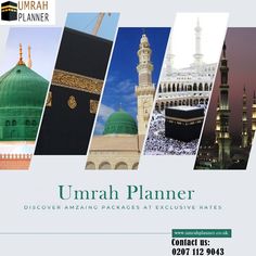 an advertisement for umrah planner with images of different buildings and minates in the background