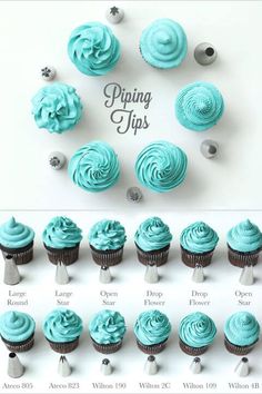 cupcakes with blue frosting are arranged in different shapes and sizes on a white background