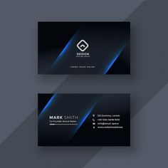 two dark business cards with blue lines