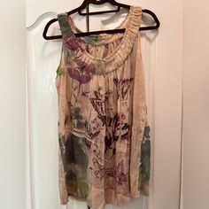 So Pretty Sheer Butterfly And Flower Tank By Mushka By Sienna Rose In Size Medium. 100% Polyester Sleeveless Silk Top With Floral Print, Bohemian Floral Print Blouse For Garden Party, Bohemian Silk Top With Floral Print, Sleeveless Beige Blouse With Floral Print, Braided Tank Top, Babydoll Tank Top, Butterfly And Flower, Babydoll Tank, Dance Tops