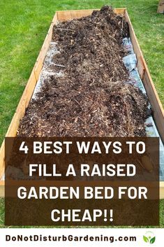 the garden bed is full of composted mulch and grass with text overlay that reads 4 best ways to fill a raised garden bed for cheap