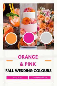 an orange and pink wedding color scheme with flowers on the cake, drinks in glasses