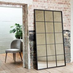 Langham Wall Mirror, Black Metal, Antiqued Glass, Window Feature Mirror, Window Pane Mirror, Iron Windows, Big Mirror, Industrial Interiors, Window Mirror, Glass Cabinet Doors, Antique Iron, Glazed Door